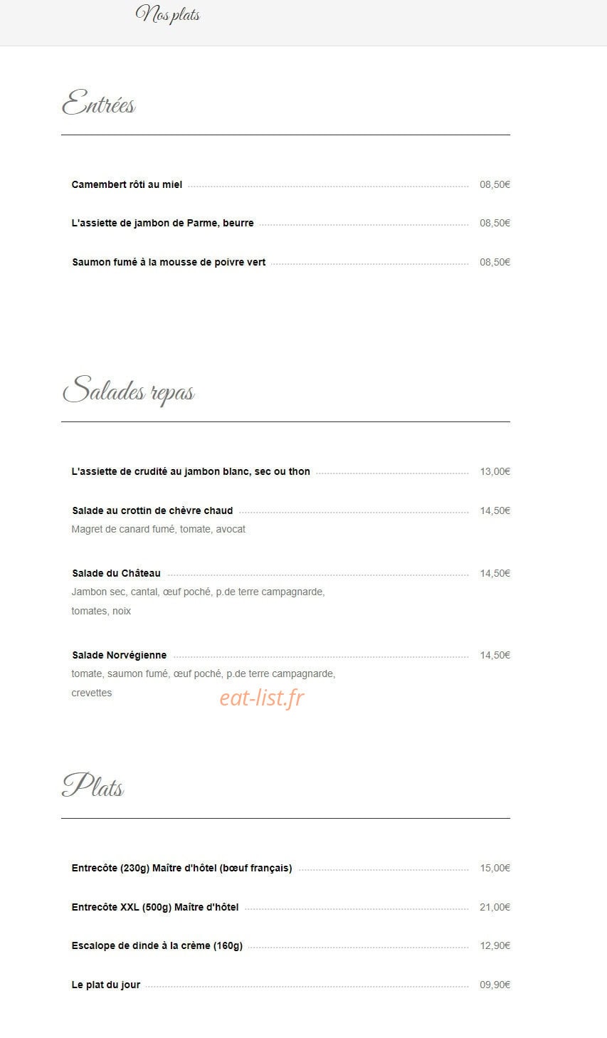 Restaurant du Château — carte page 1