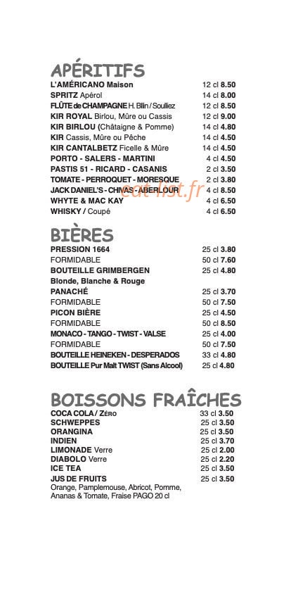 Carte et menu de CantalBetz à Bazoches sur le Betz — Les apéritifs, bières, ...
