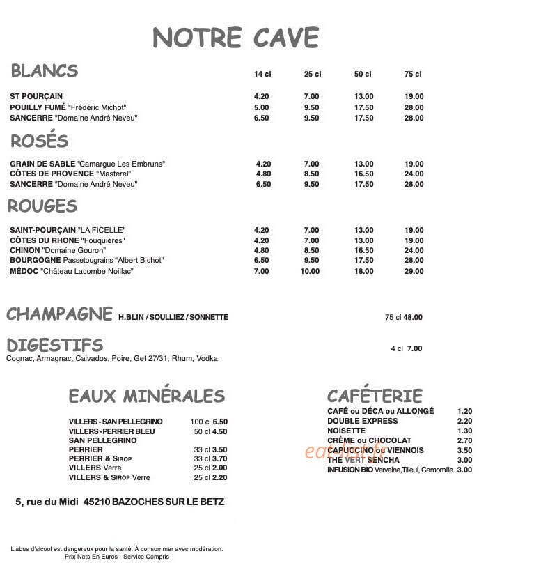 Carte et menu de CantalBetz à Bazoches sur le Betz — La cave