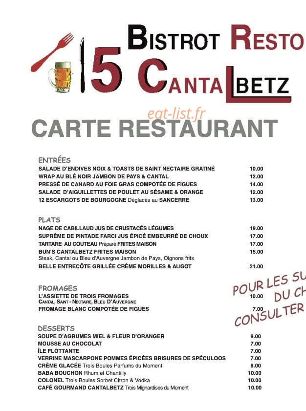 Carte et menu de CantalBetz à Bazoches sur le Betz — Les entrées, plats, ...