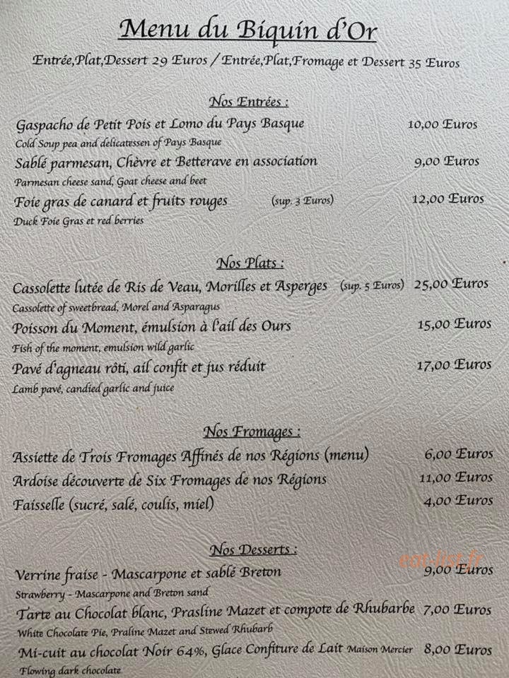Le Biquin d'Or — carte page 1
