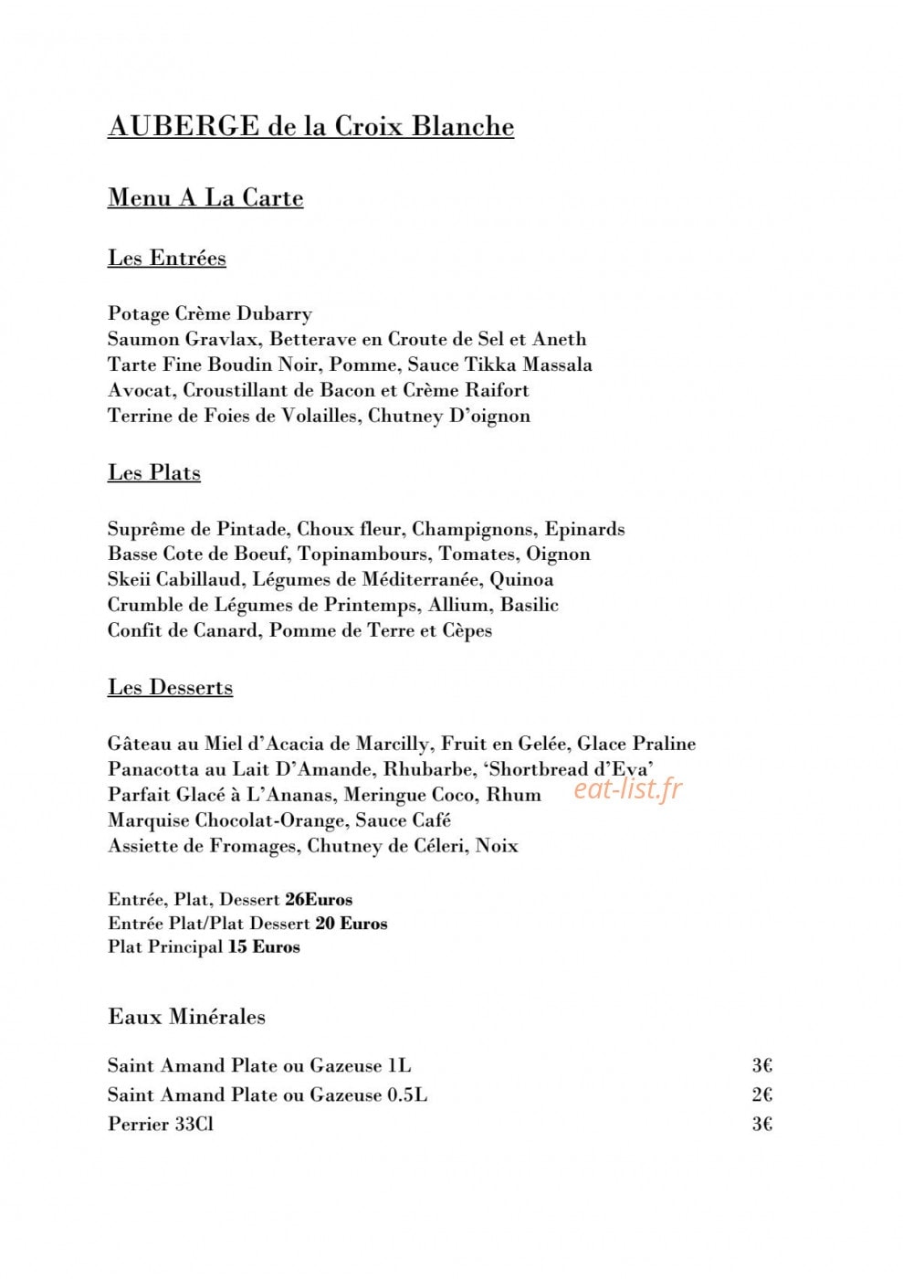Auberge de la Croix Blanche — carte page 1