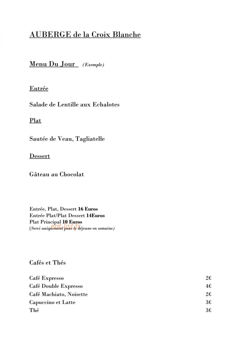Auberge de la Croix Blanche — carte page 2