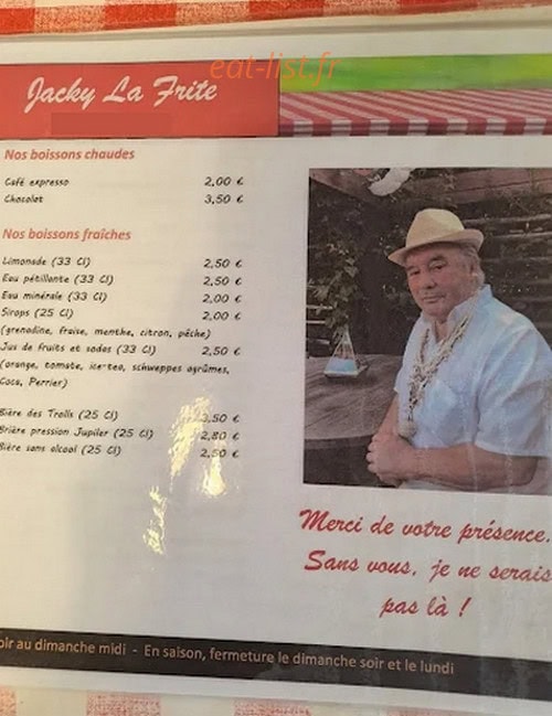 Carte et menu de Chez Jacky La Frite de villechaume à Sennely — Les boissons