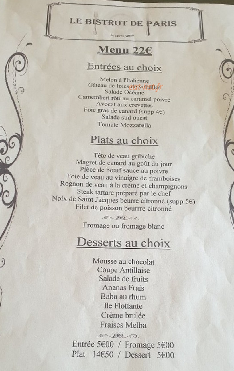 Le Bistrot de Paris — carte page 1