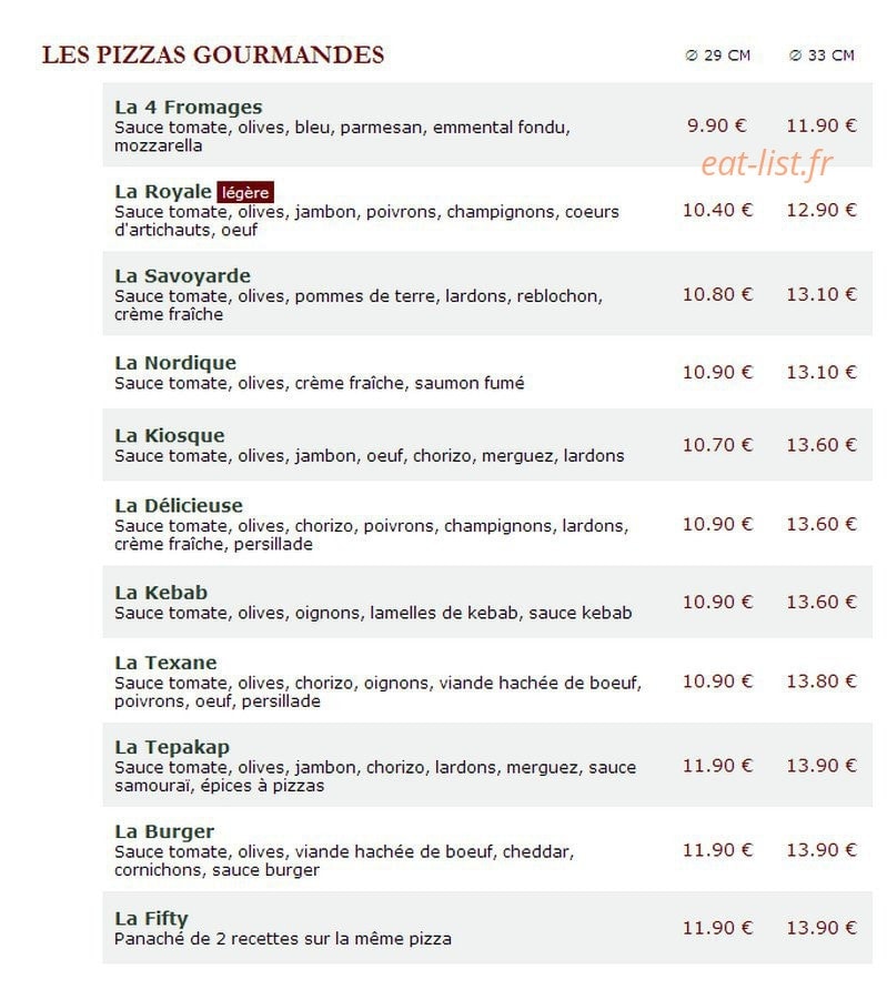 Le Kiosque à Pizzas — carte page 1