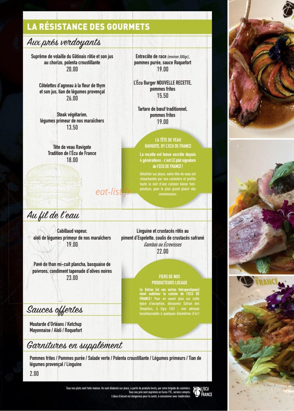 Carte et menu de Ecu de France Officiel à Le Malesherbois — Au prés verdoyants, au fil de l'eau, sauces,...