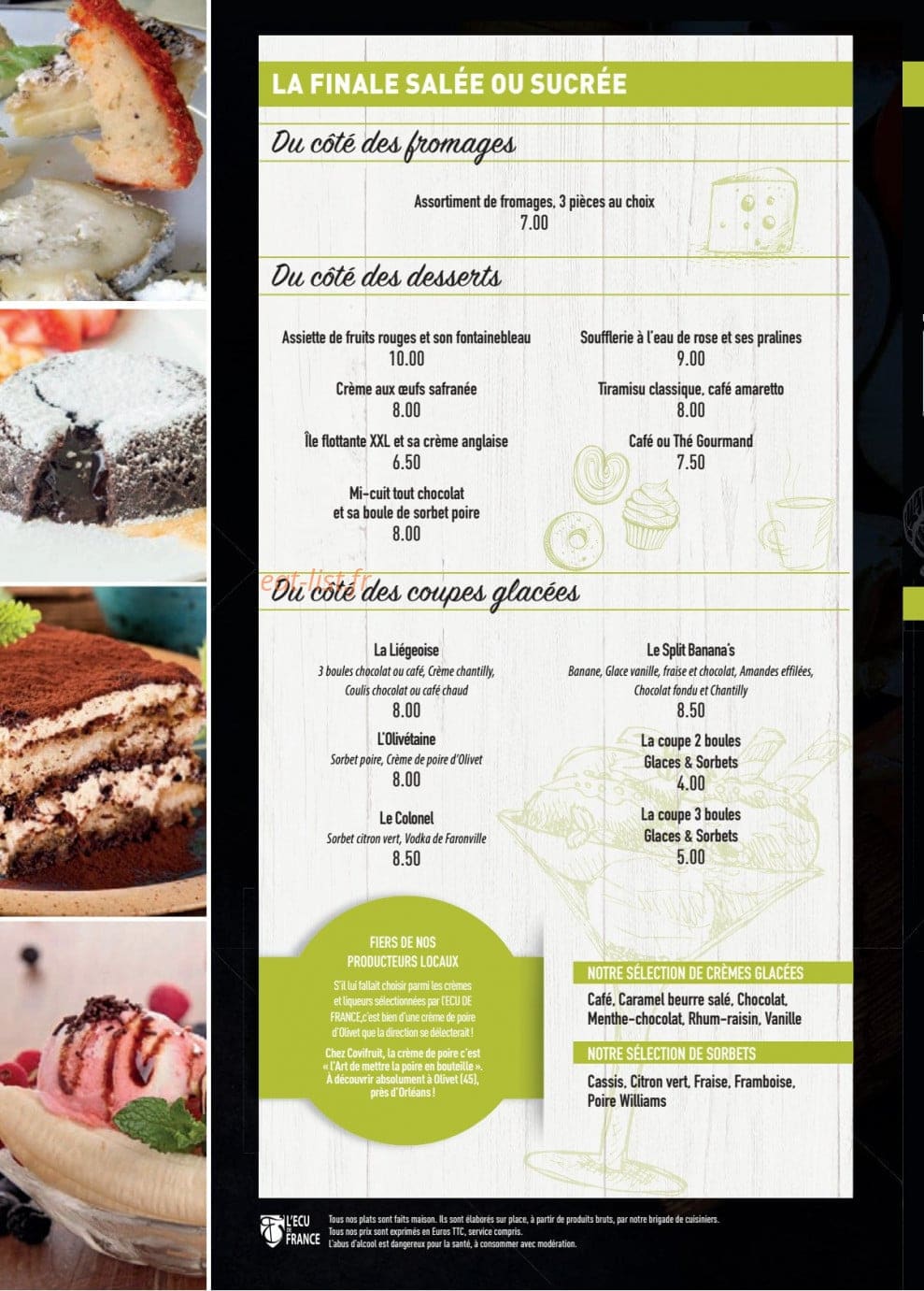 Carte et menu de Ecu de France Officiel à Le Malesherbois — Côté fromages, desserts et coupes glacées