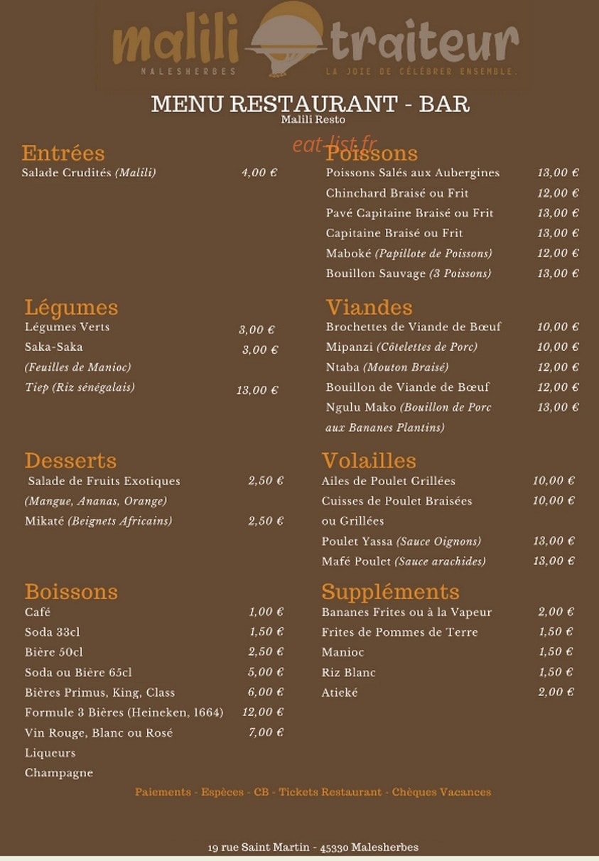 Malili Traiteur — carte page 1