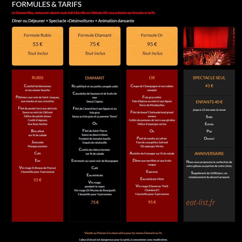 Carte et menu de Le Diamant Bleu à Barville en Gatinais — Formules