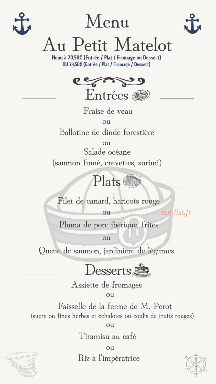 Carte et menu de Au Petit Matelot à Saint Firmin sur Loire — Le menu