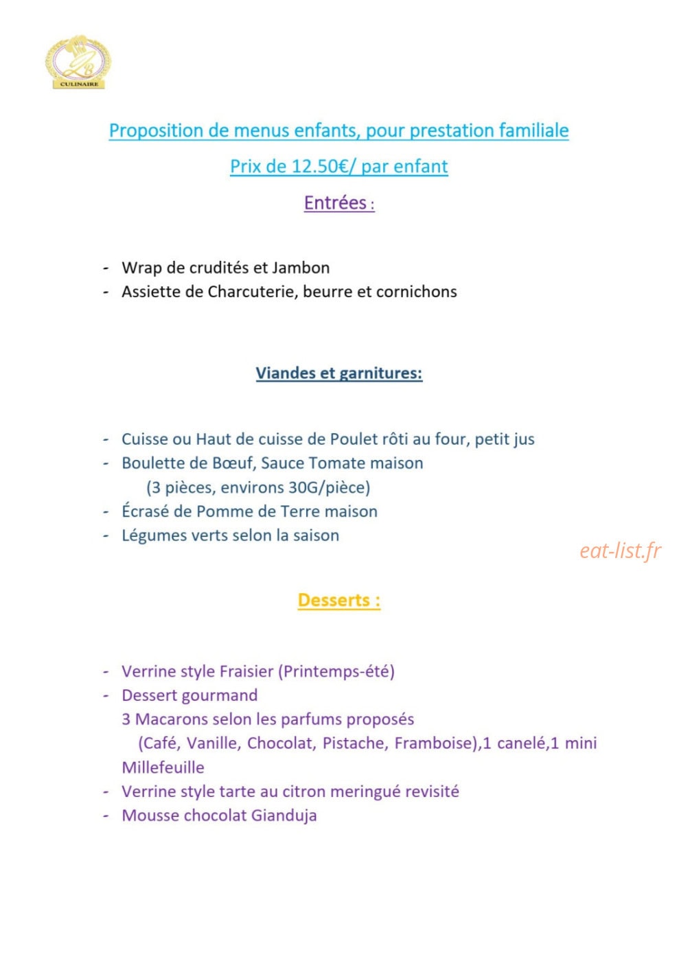 Lb Culinaire — carte page 1
