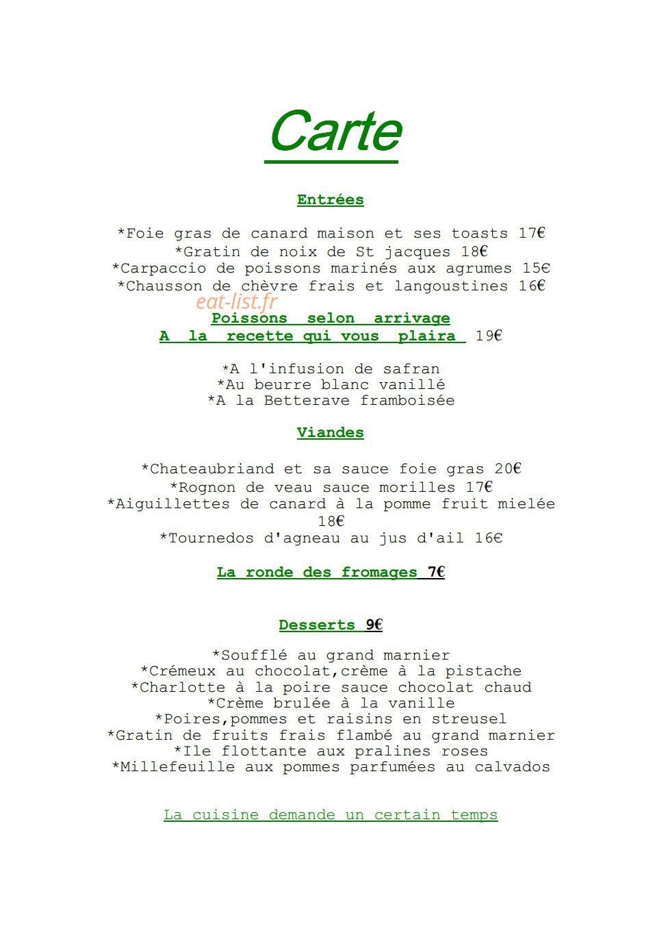 Auberge l'Abricotier — carte page 1
