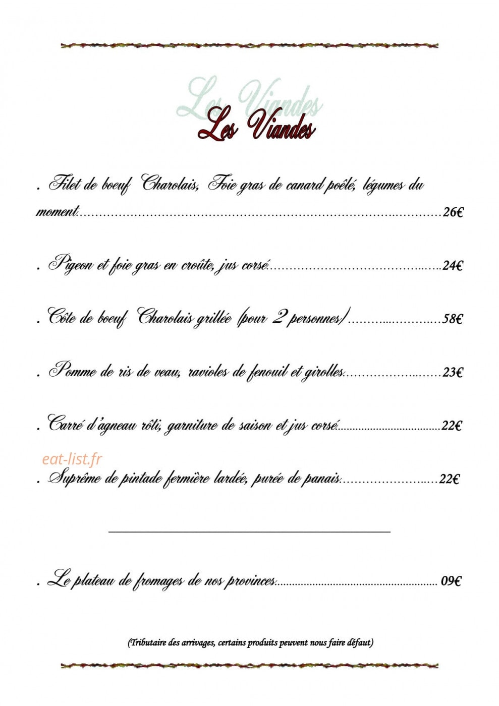 Hostellerie du Grand Sully — carte page 2
