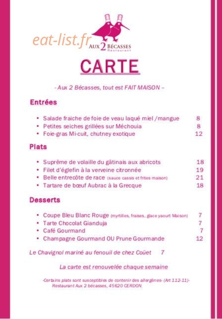 Aux 2 bécasses — carte page 1