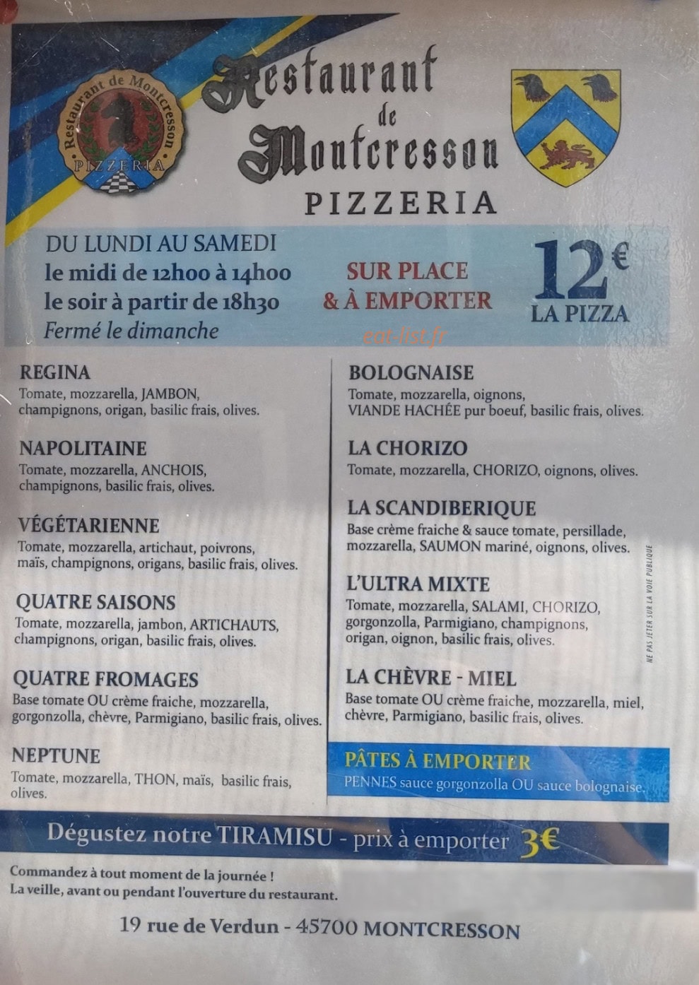 Restaurant de Montcresson — carte page 1