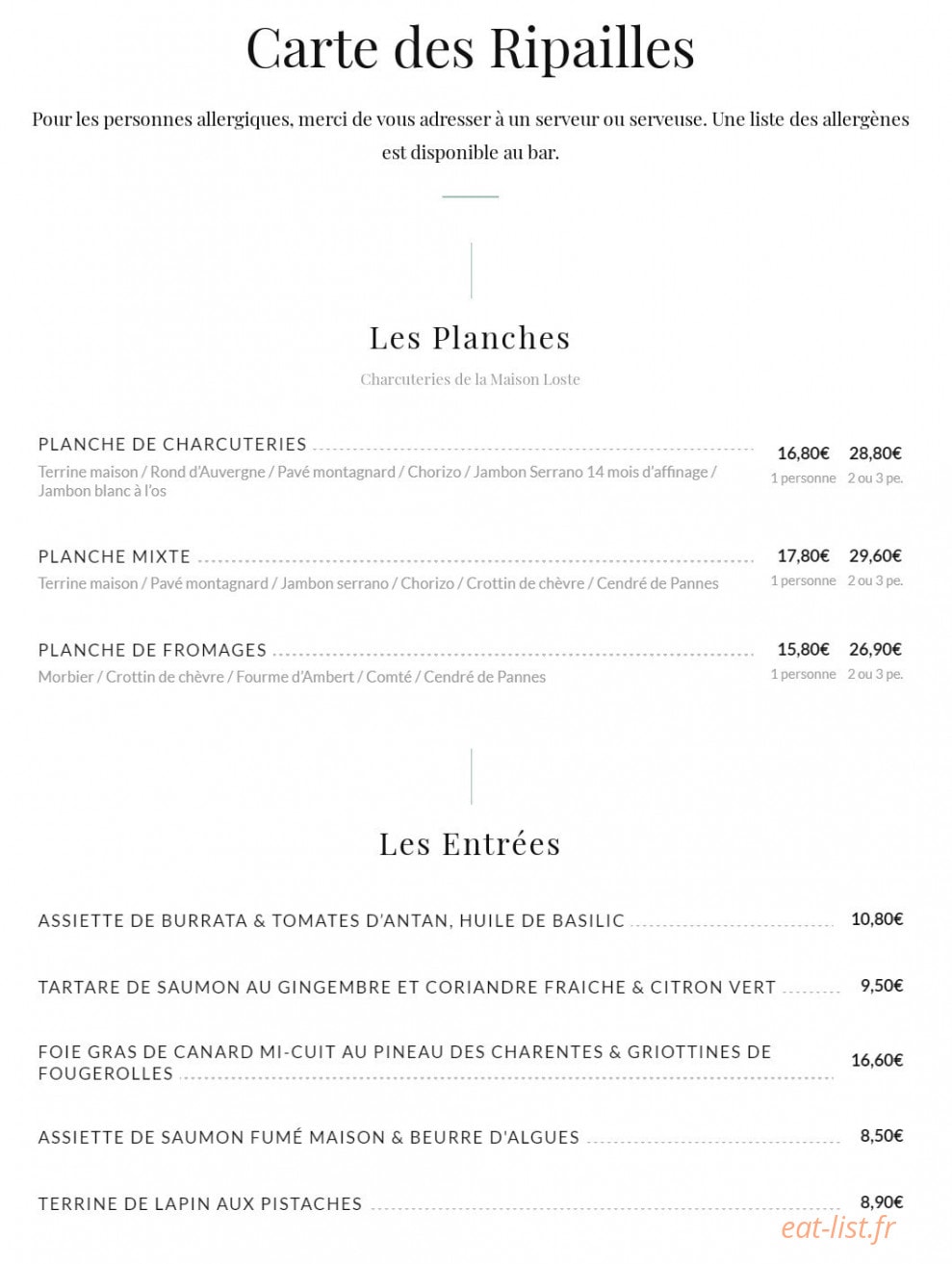 La cuizine — carte page 1