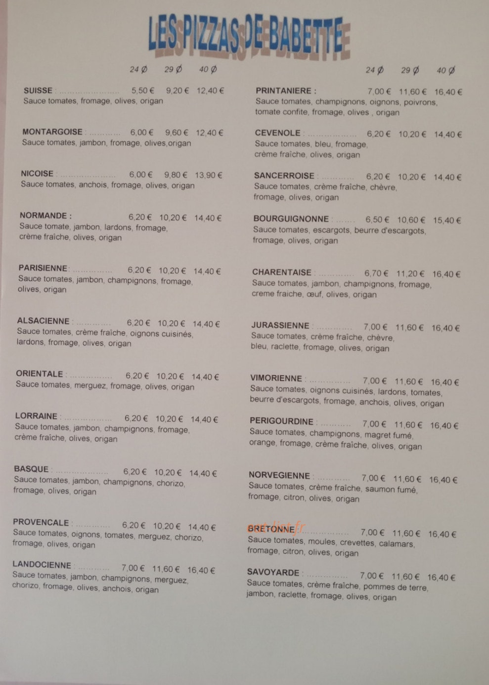 Les Pizzas de Babette — carte page 1