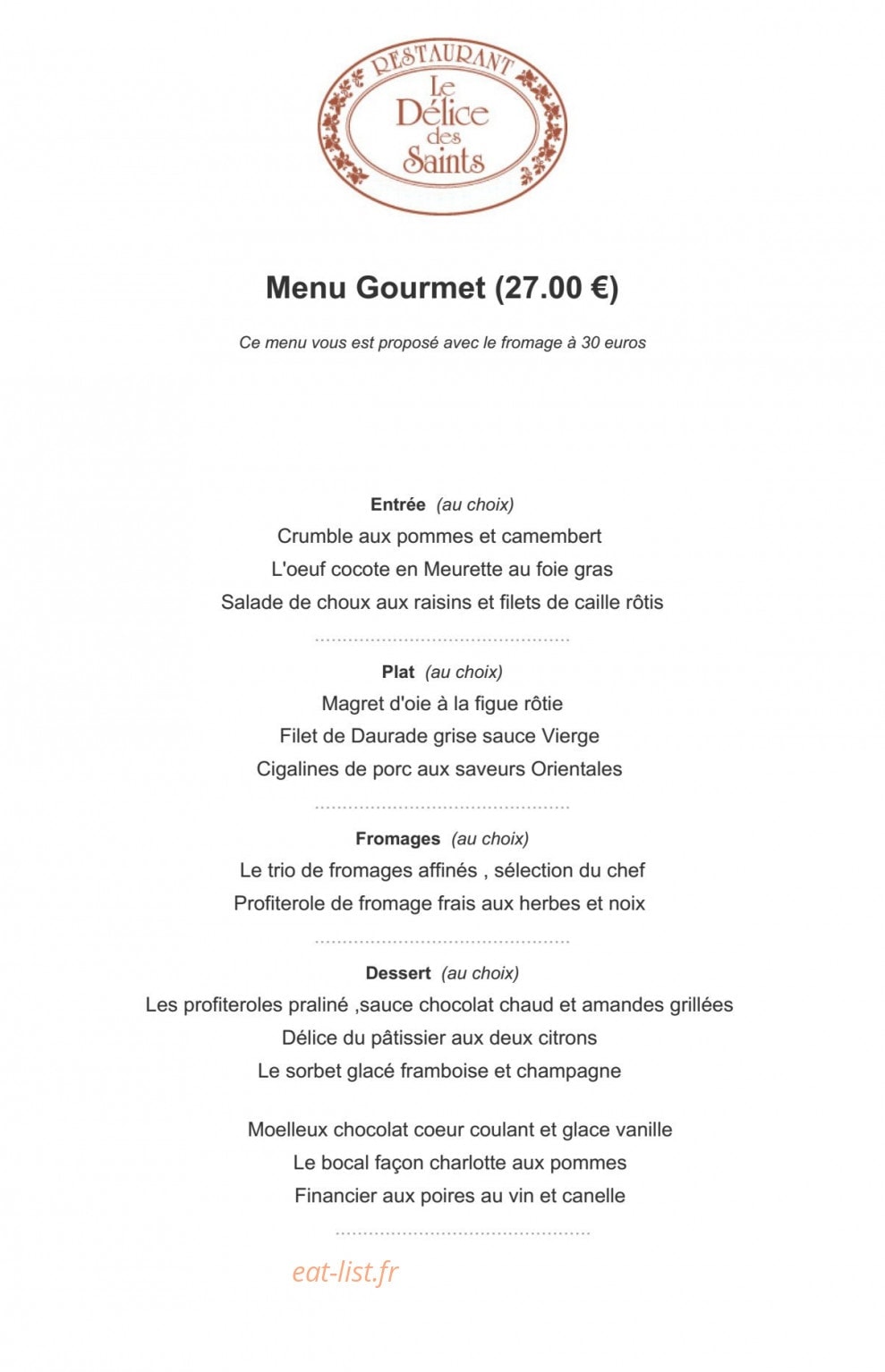 Carte et menu de Le delice des saints à Saint Pryve Saint Mesmin — Menu gourmet