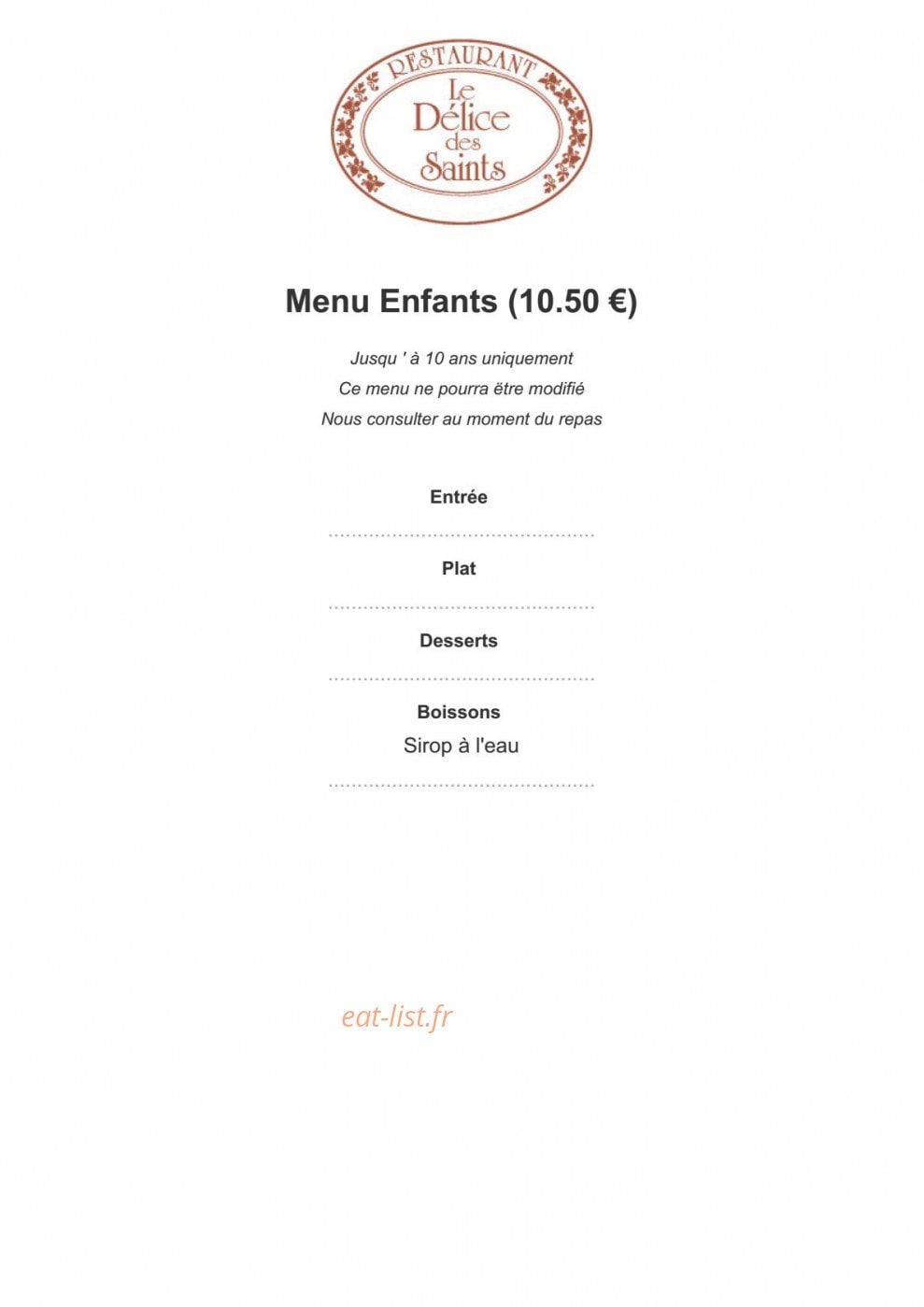 Carte et menu de Le delice des saints à Saint Pryve Saint Mesmin — Menu enfants