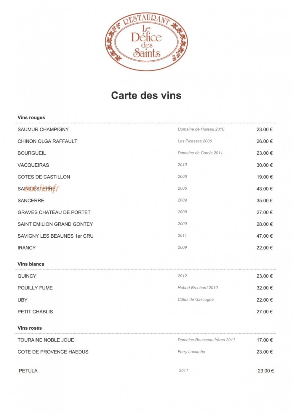 Carte et menu de Le delice des saints à Saint Pryve Saint Mesmin — Vins
