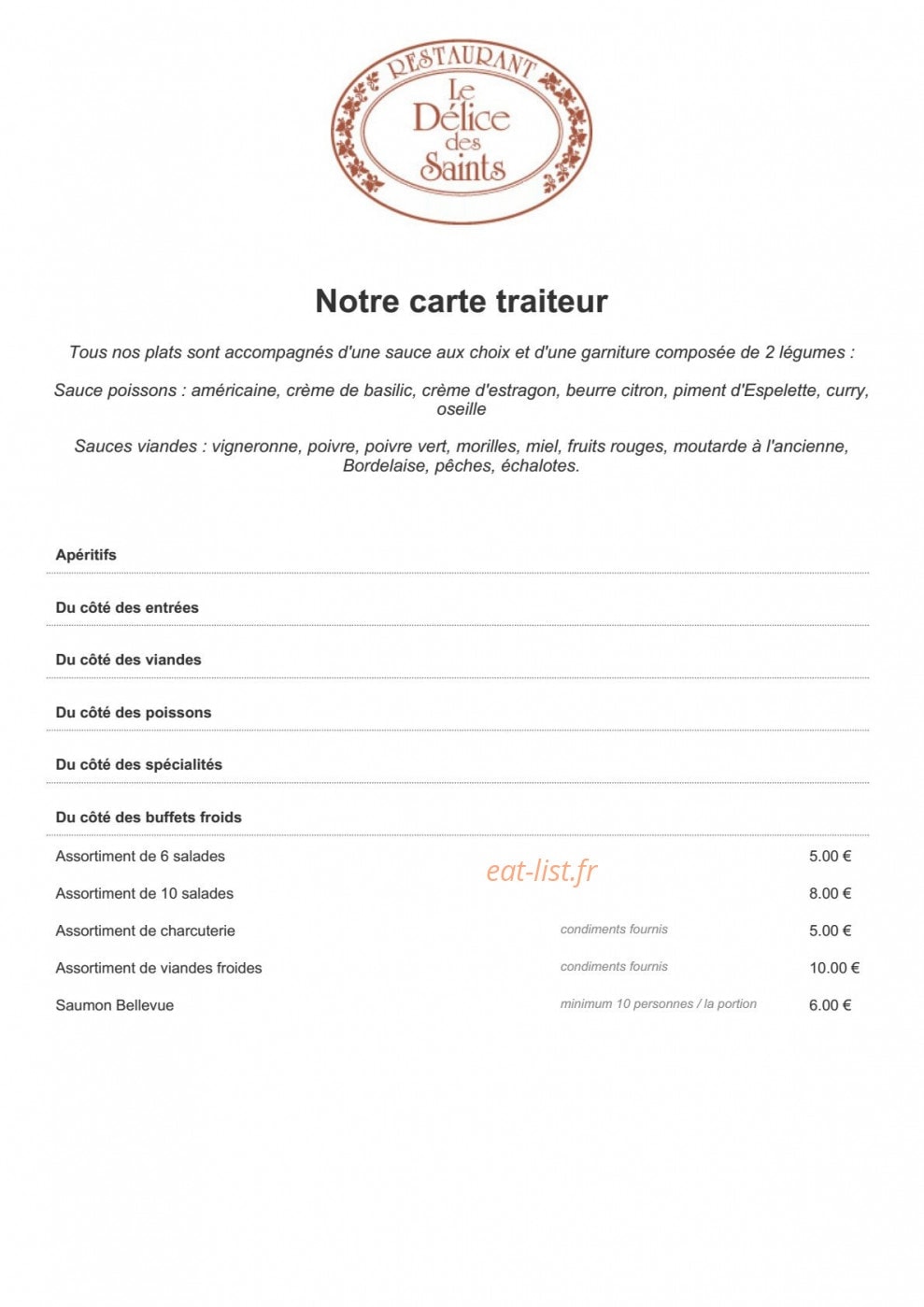 Carte et menu de Le delice des saints à Saint Pryve Saint Mesmin — Traiteur