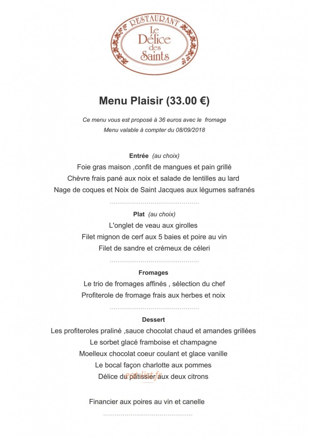 Carte et menu de Le delice des saints à Saint Pryve Saint Mesmin — Menu plaisir
