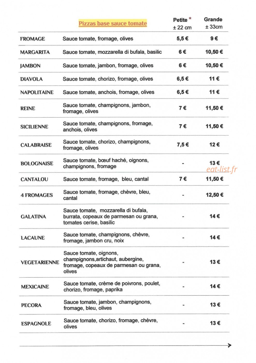 Divona Pizza — carte page 1