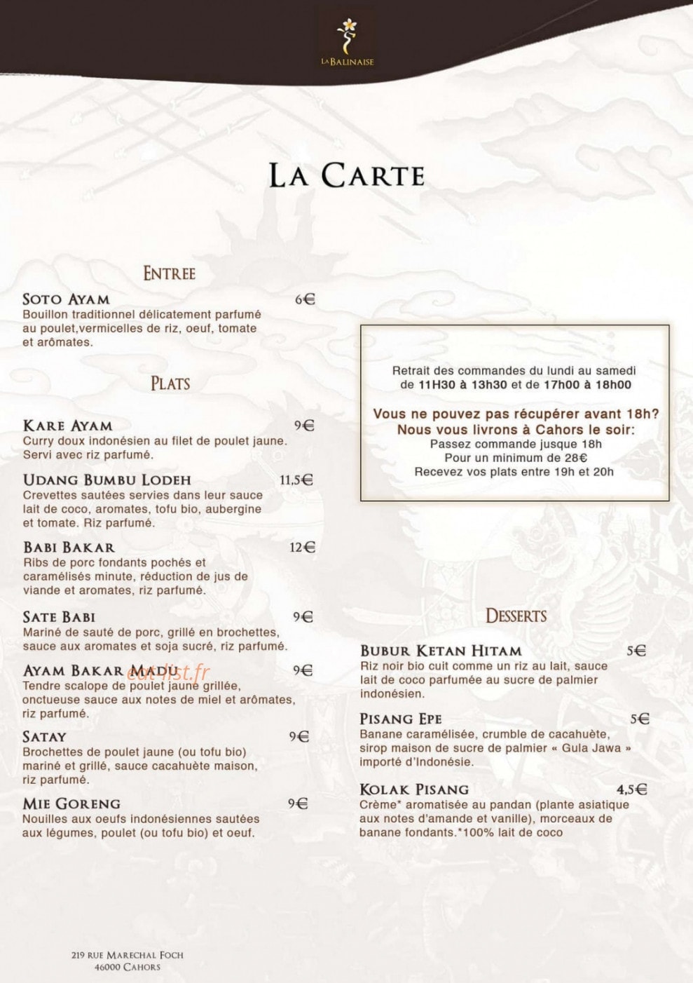 La Balinaise — carte page 1