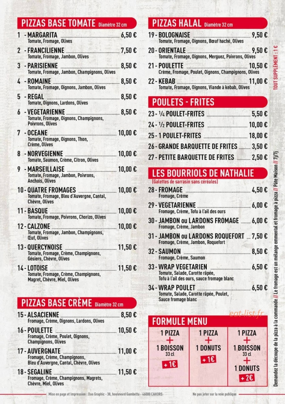 La Comédie Pizza — carte page 2