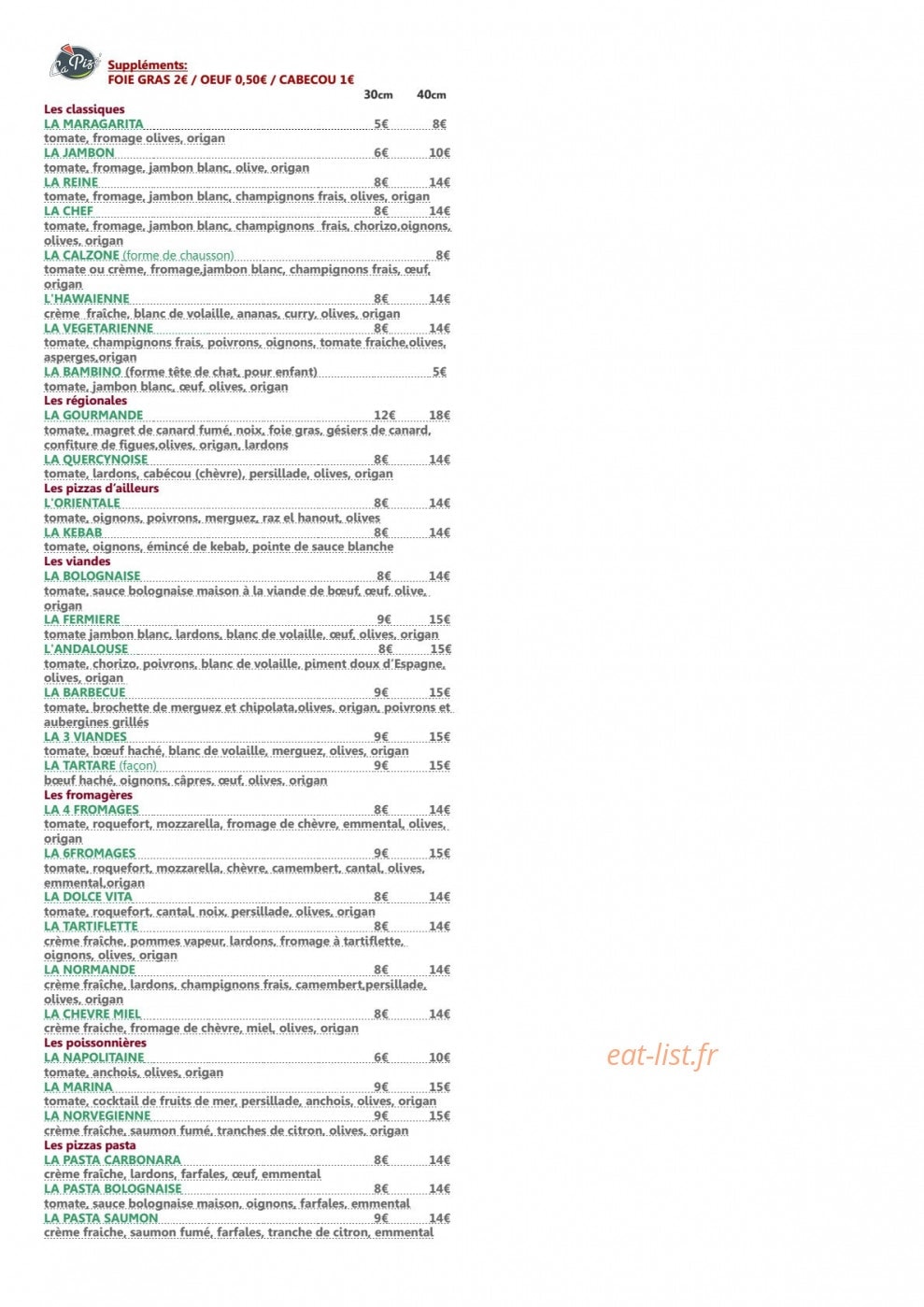 La Pizz' — carte page 1