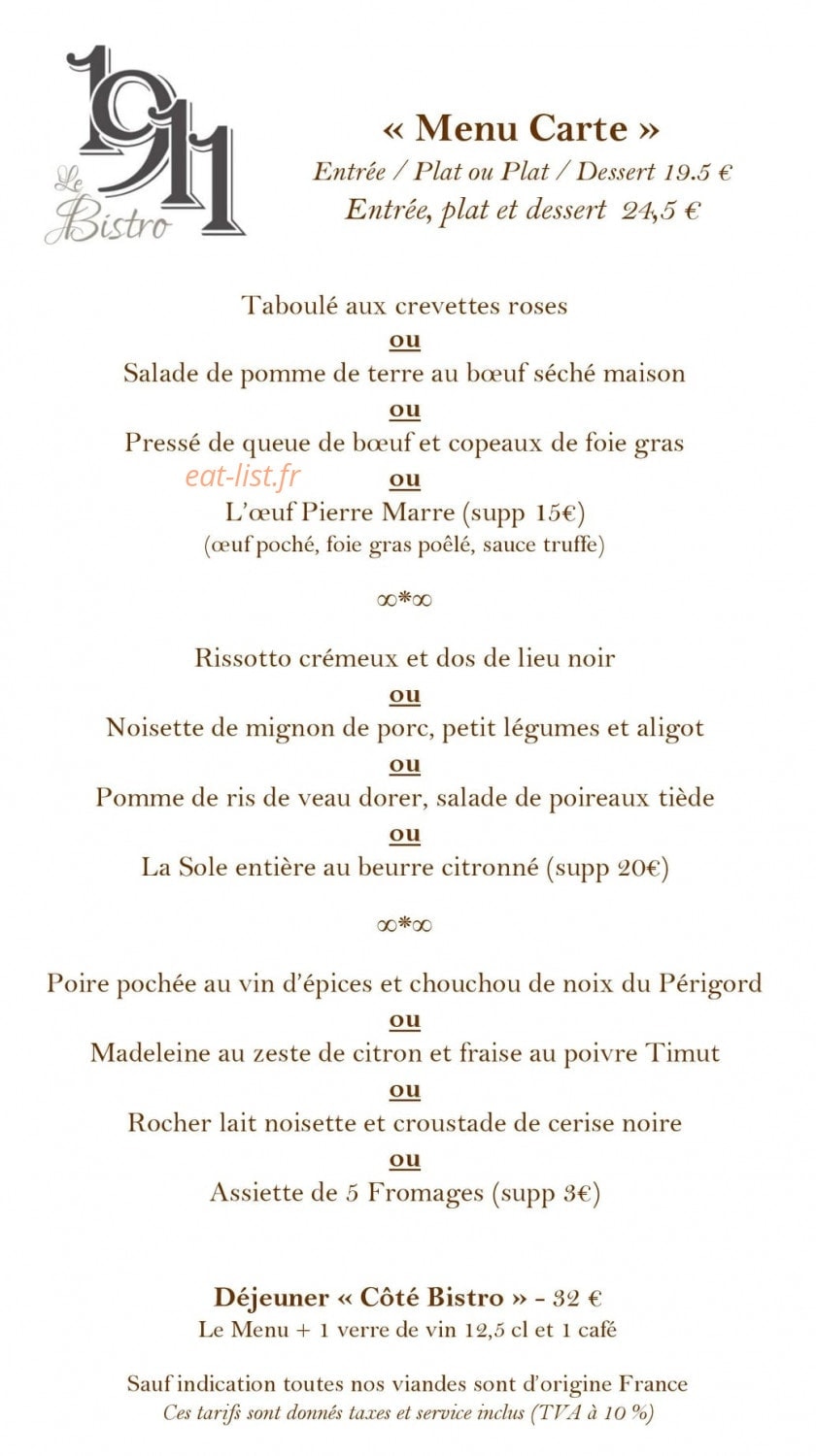 Le Bistro 1911 — carte page 1
