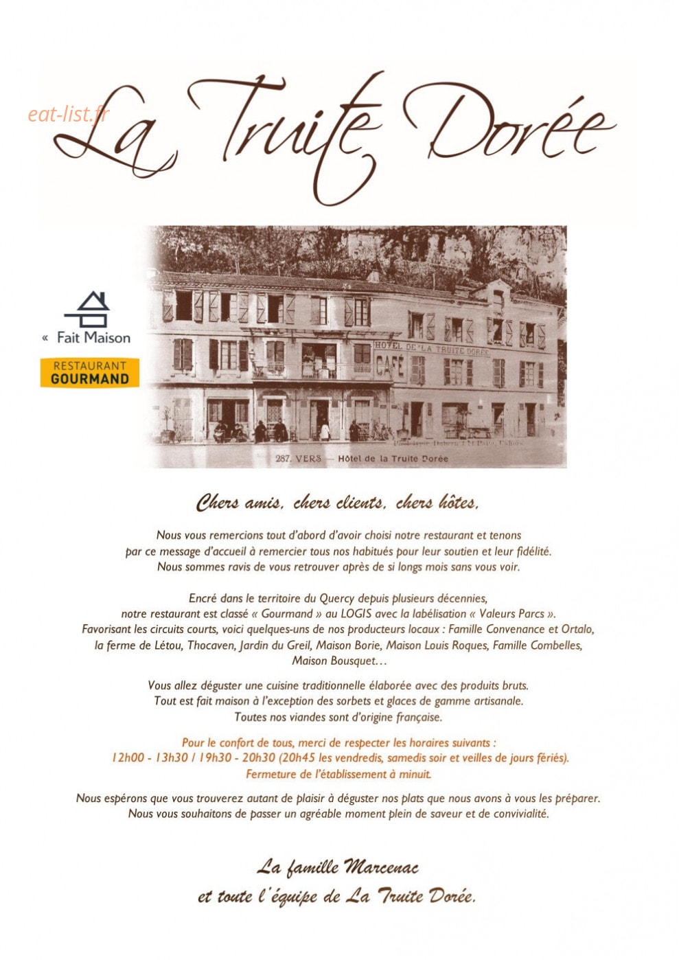 La Truite Dorée — carte page 1