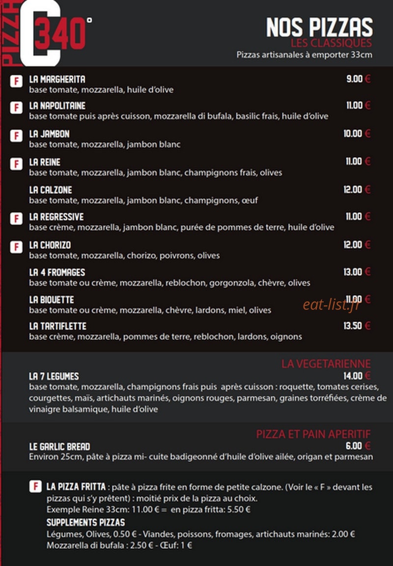 Pizzeria 340°C — carte page 1