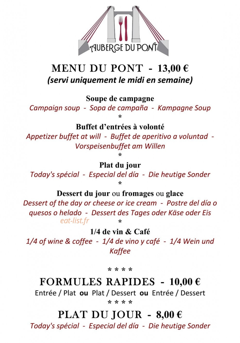 Auberge du Pont — carte page 1