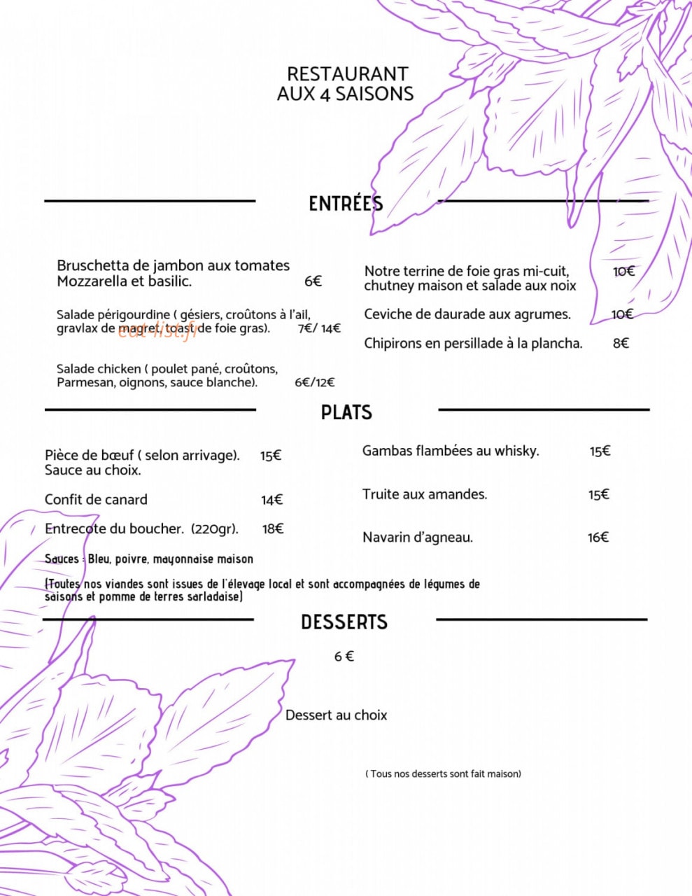 Restaurant Aux 4 Saisons — carte page 1
