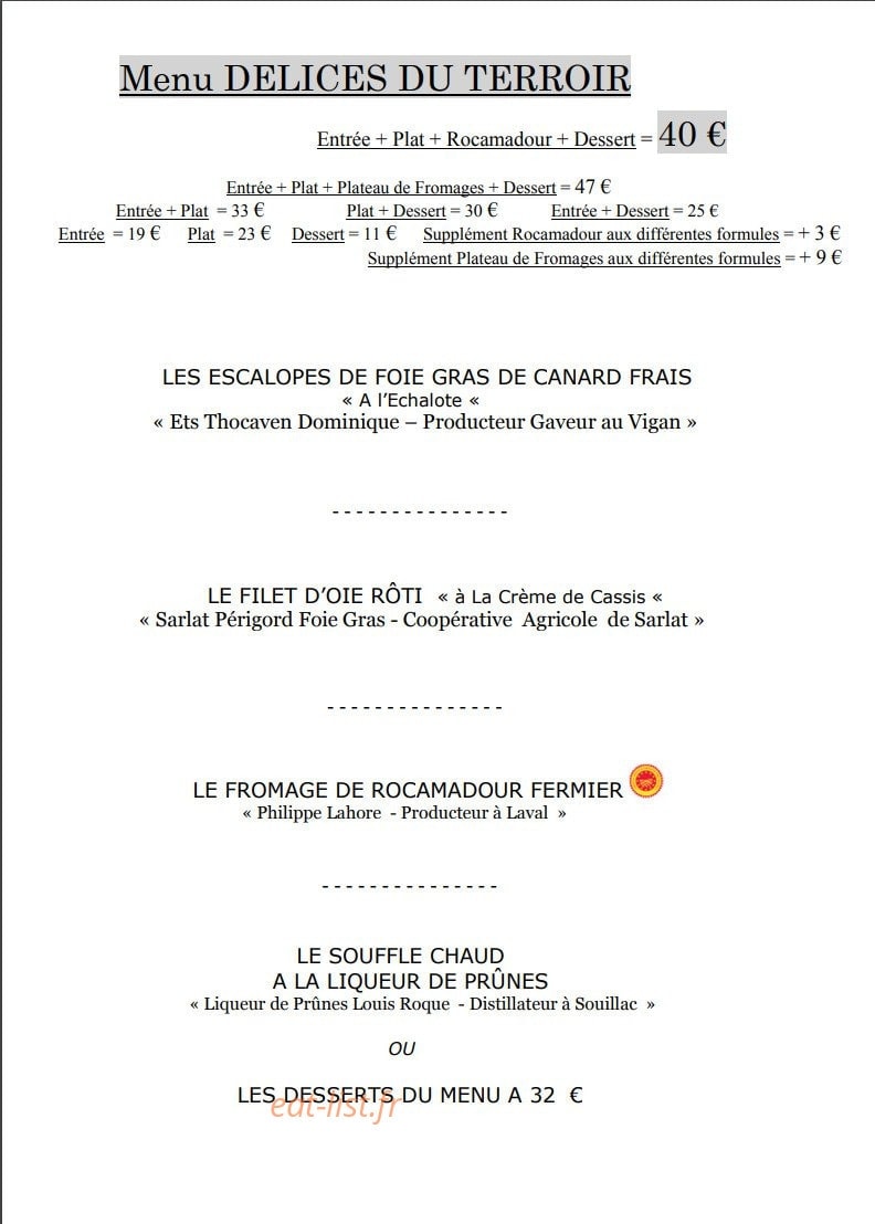 Hostellerie de la Bouriane — carte page 2