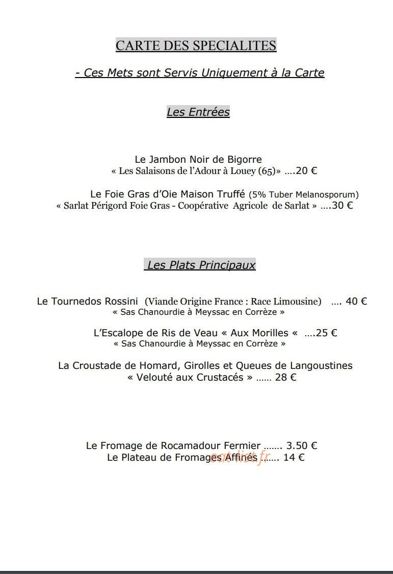 Hostellerie de la Bouriane — carte page 1