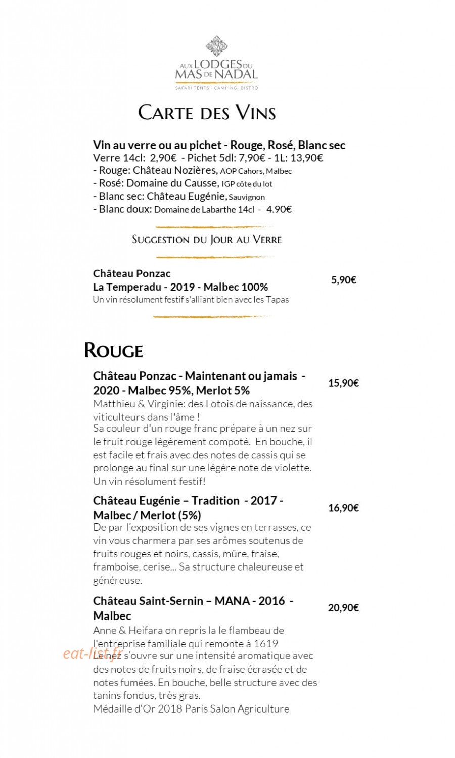 Carte et menu de Aux Lodges du Mas de Nadal à Sauliac sur Cele — Les vins au verre et vins rouges