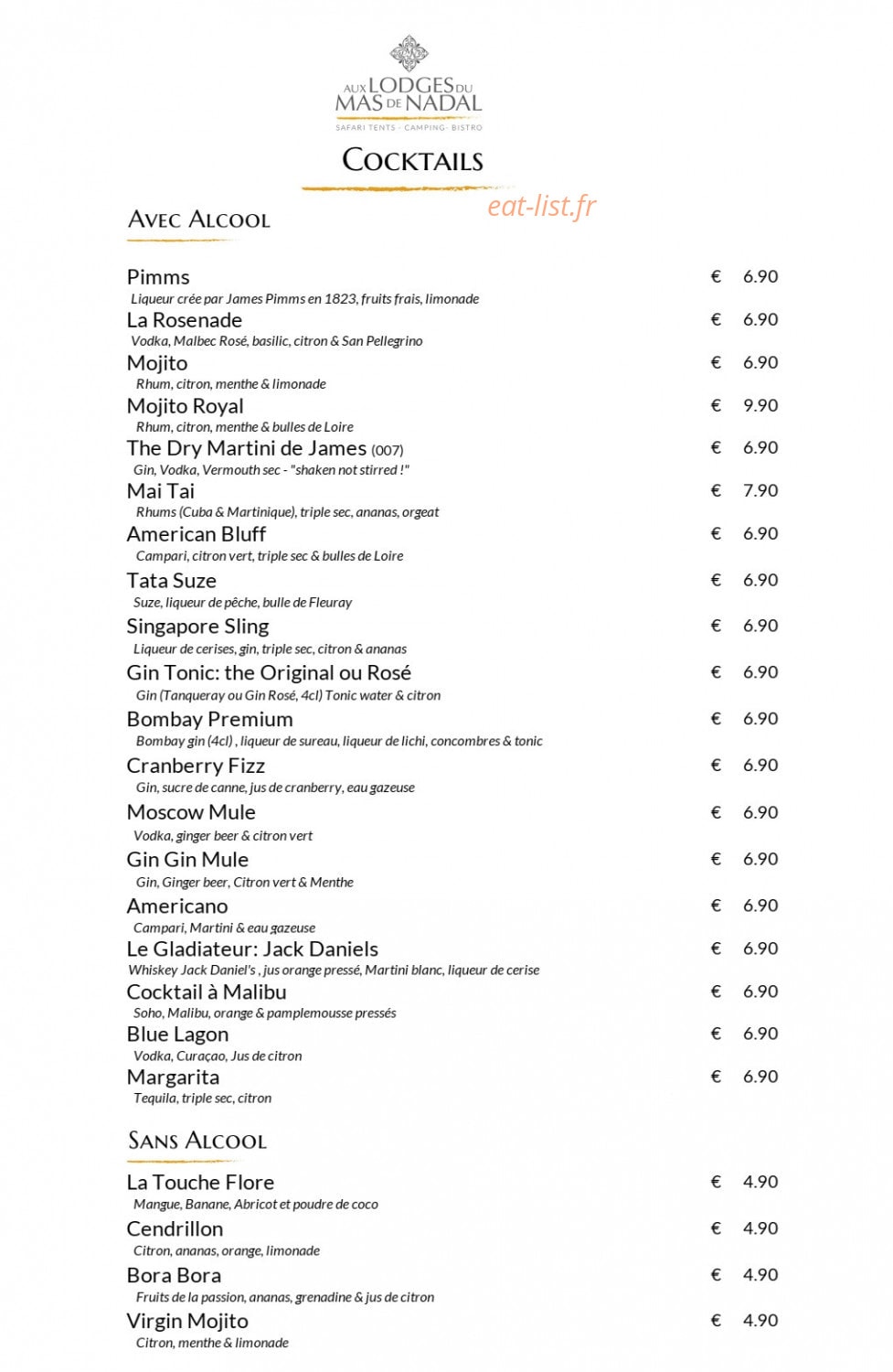 Carte et menu de Aux Lodges du Mas de Nadal à Sauliac sur Cele — Les cocktails