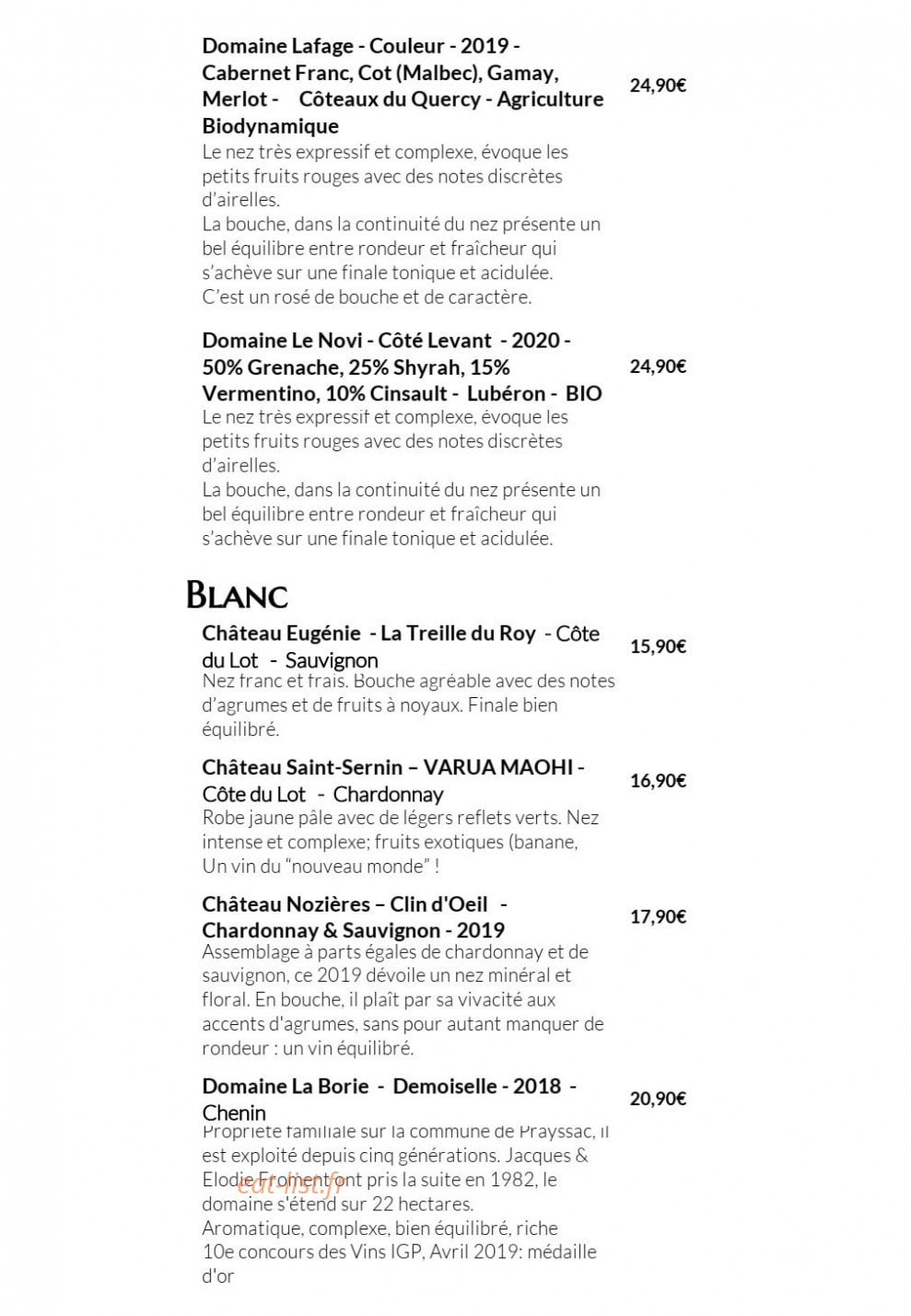 Carte et menu de Aux Lodges du Mas de Nadal à Sauliac sur Cele — Les vins rosés et vins blancs