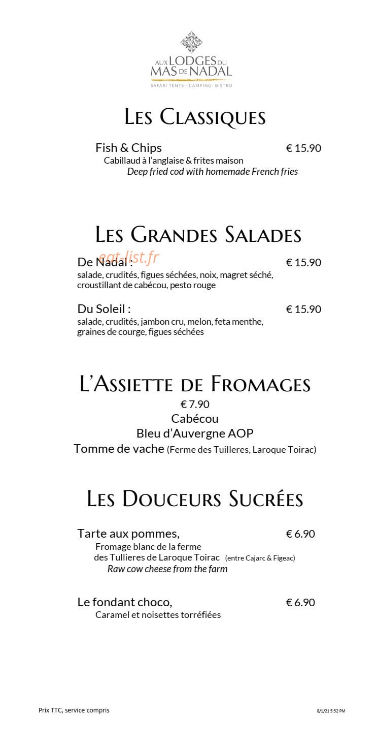 Carte et menu de Aux Lodges du Mas de Nadal à Sauliac sur Cele — Les classiques, grandes salades et douceurs sucrées,...