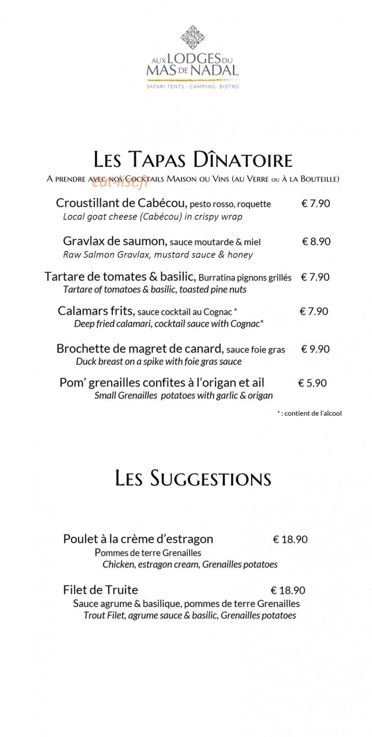Carte et menu de Aux Lodges du Mas de Nadal à Sauliac sur Cele — Les tapas et suggestions