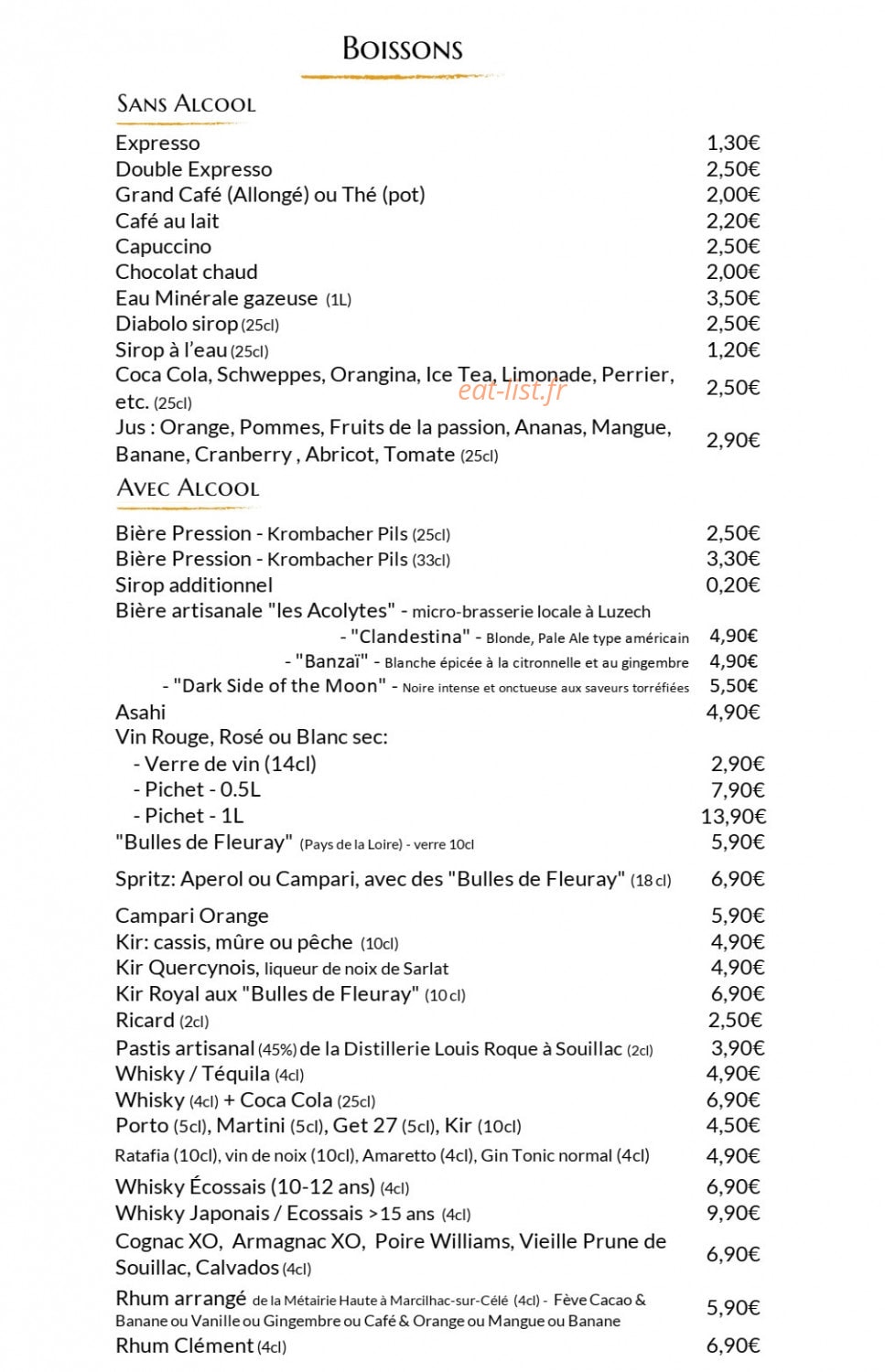Carte et menu de Aux Lodges du Mas de Nadal à Sauliac sur Cele — Les boissons