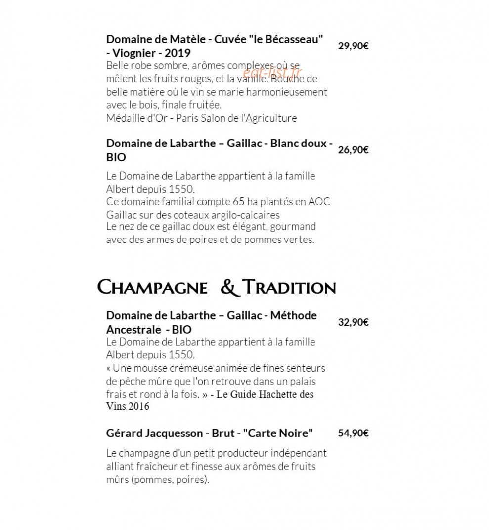 Carte et menu de Aux Lodges du Mas de Nadal à Sauliac sur Cele — Les vins blancs et champagnes