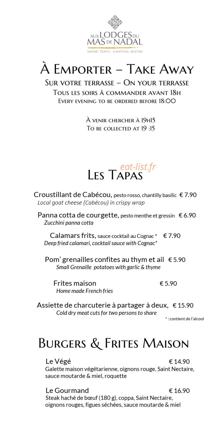 Carte et menu de Aux Lodges du Mas de Nadal à Sauliac sur Cele — Les tapas, burgers et frites