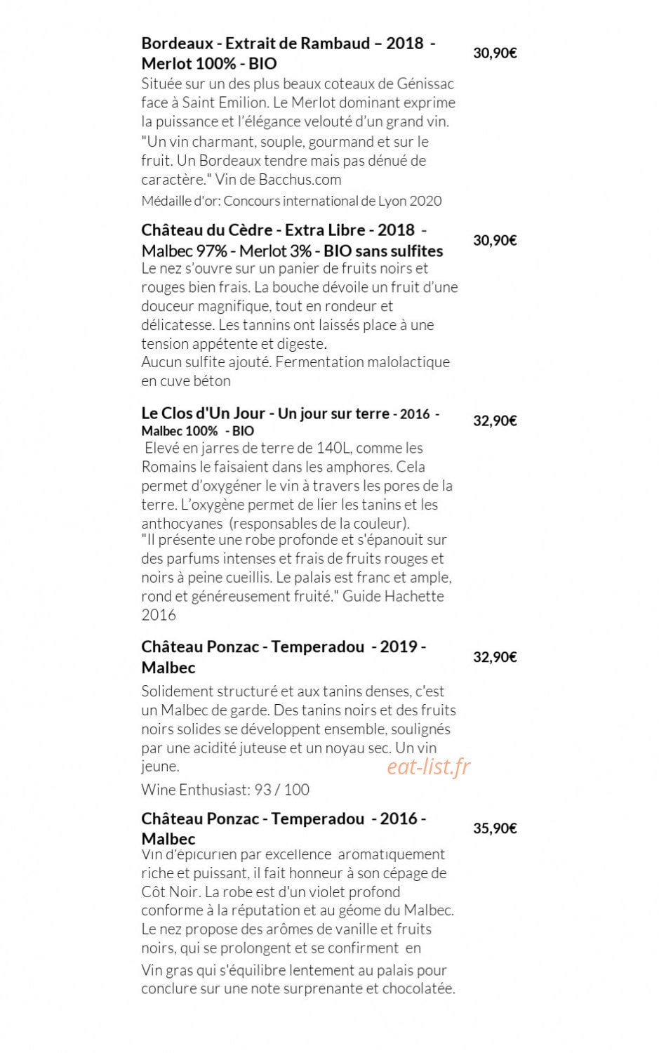 Carte et menu de Aux Lodges du Mas de Nadal à Sauliac sur Cele — Les vins rouges suite