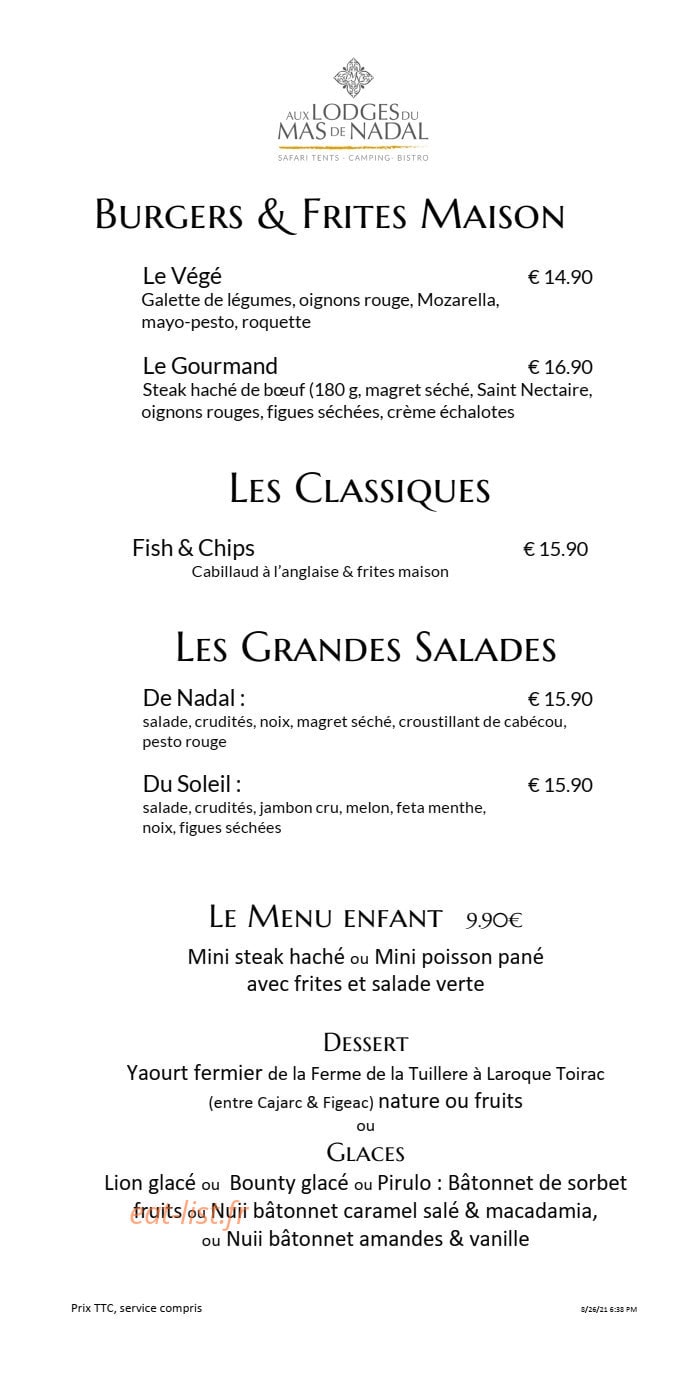 Carte et menu de Aux Lodges du Mas de Nadal à Sauliac sur Cele — Les burgers, classiques et menu enfant,..