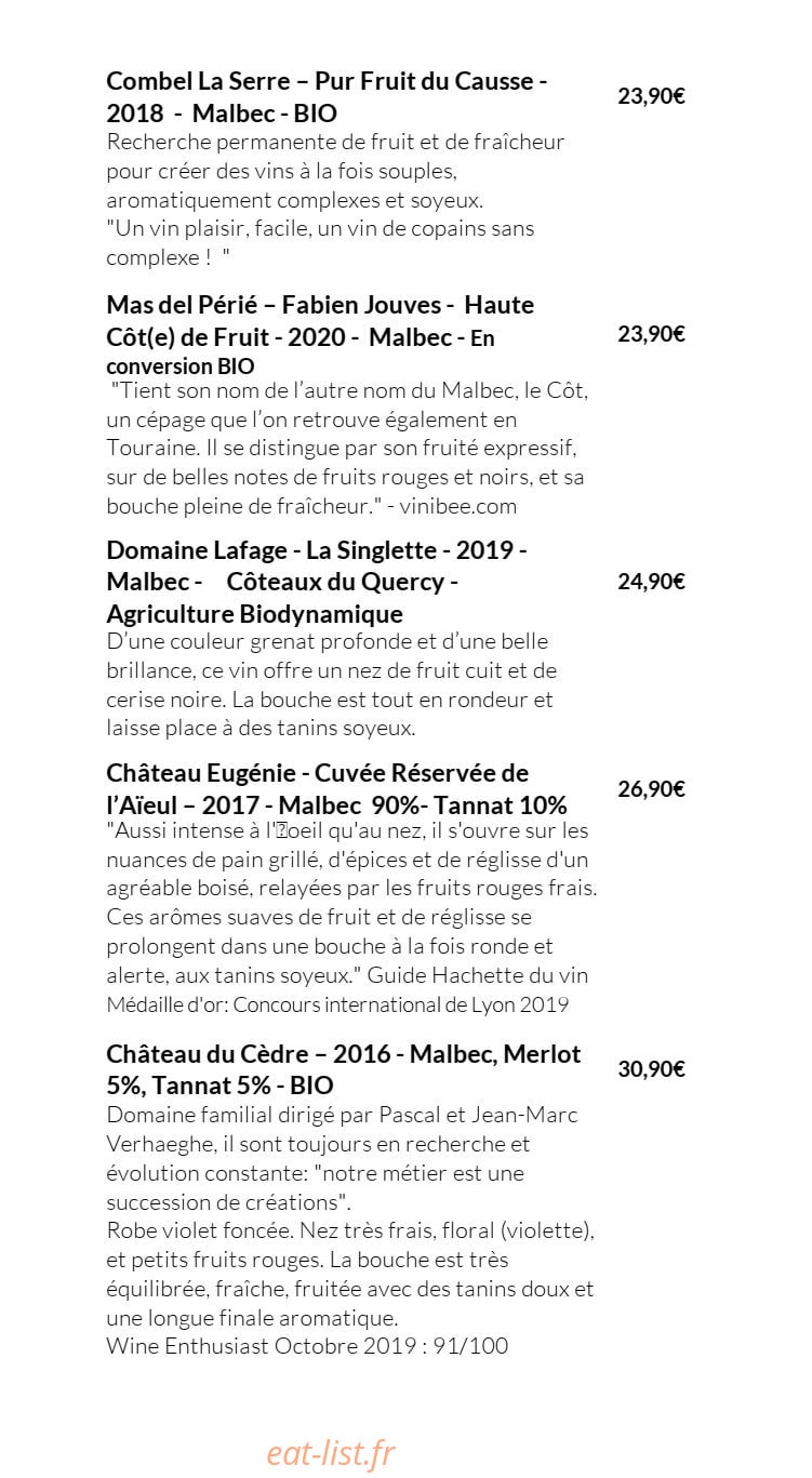 Carte et menu de Aux Lodges du Mas de Nadal à Sauliac sur Cele — Les vins rouges