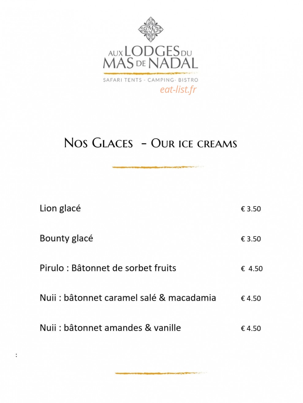 Carte et menu de Aux Lodges du Mas de Nadal à Sauliac sur Cele — Les glaces